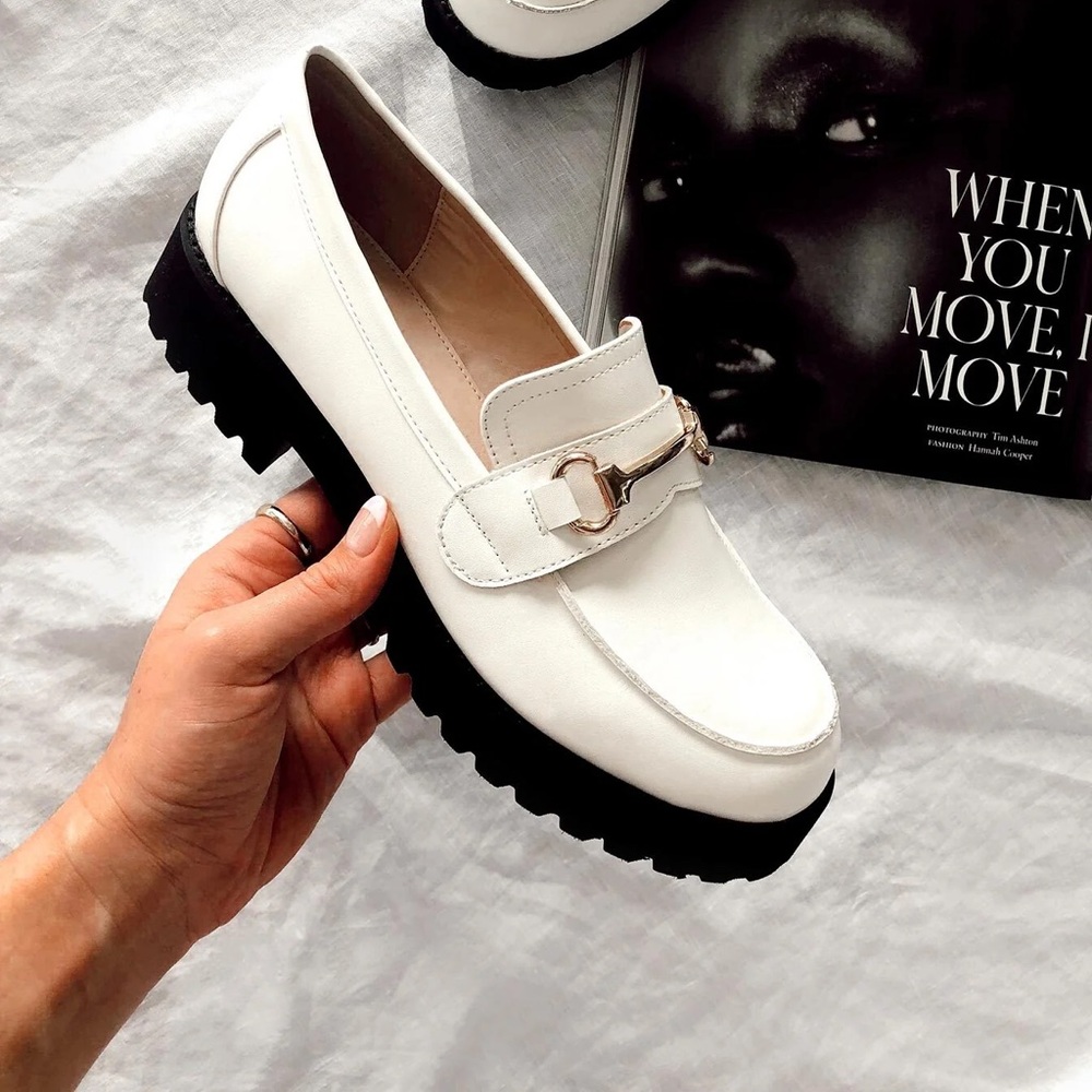 Princess Polly White Saxton Chunky Loafers with Gold Detail